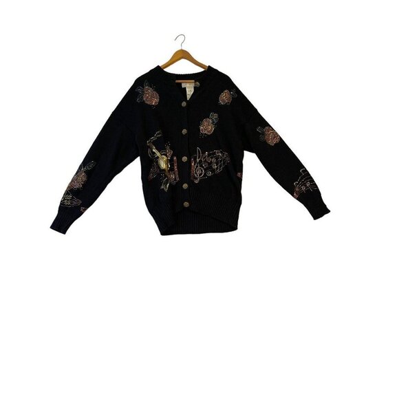 LIZI RUCH Musical Notes Violin Button Up Cardigan Sweater Womens M Black Vtg - Picture 2 of 16